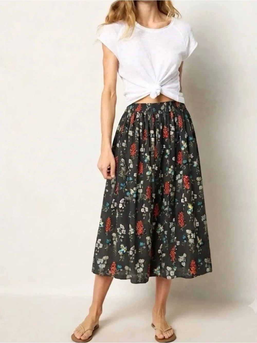 NATURAL LIFE Charcoal Floral Midi Skirt Sz S Cottage Boho Dark Romantic Fairy